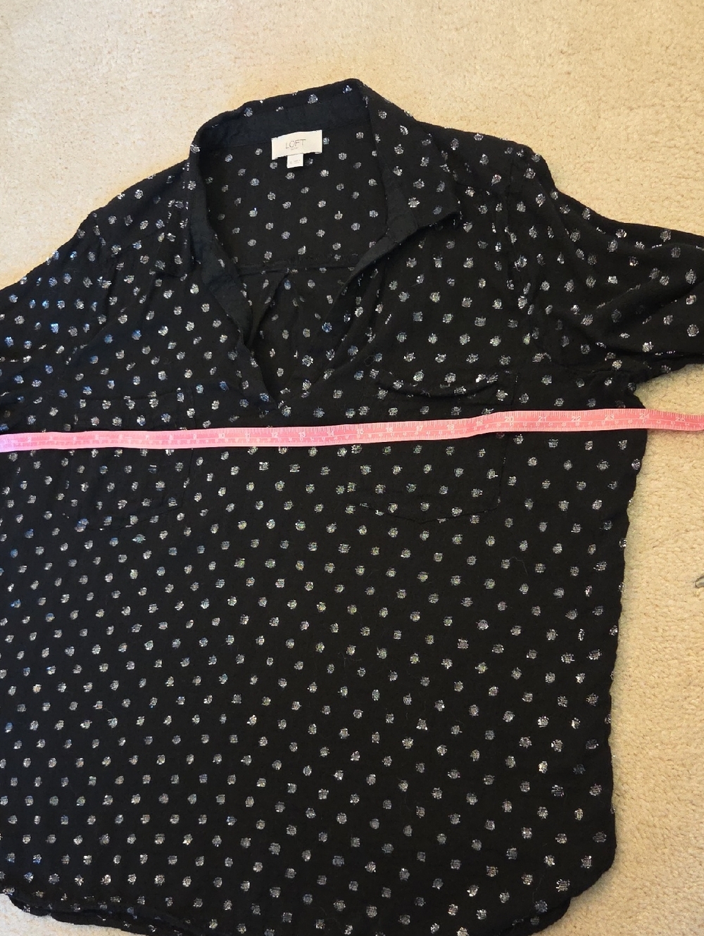 LOFT Black Blouse with Silver Metalic Dot Print